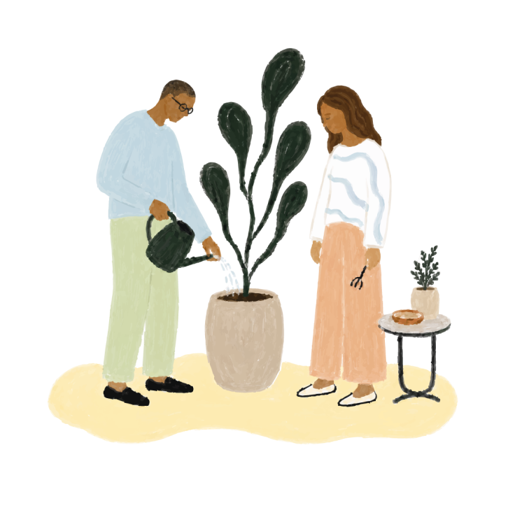 Casal cuidando de uma planta